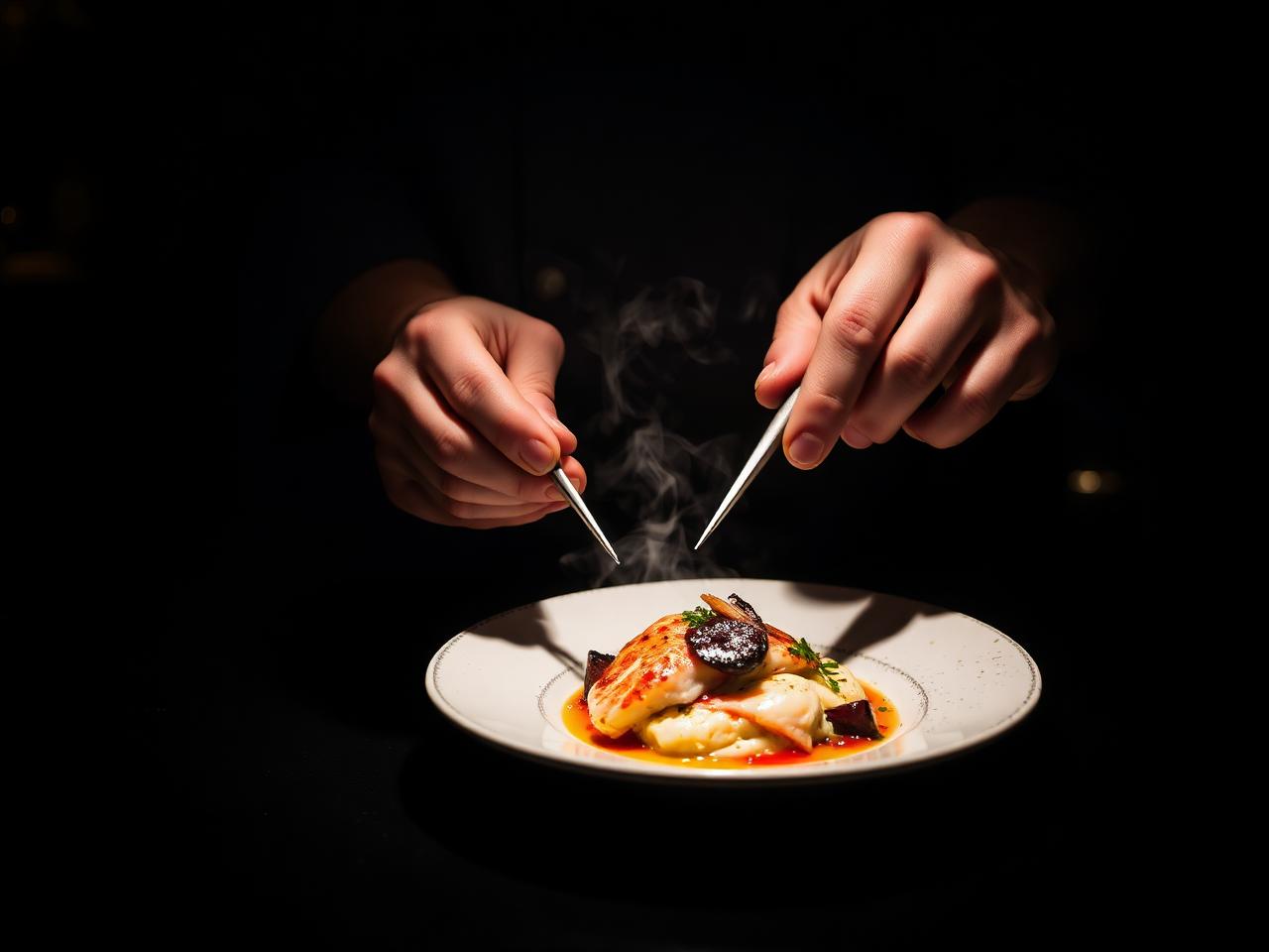 Chef plating a seafood course at the 5Oceans chef's counter
