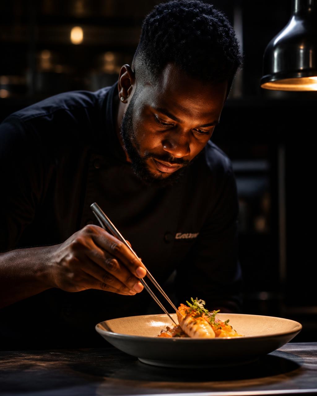Chef Corey B plating a seafood course at the 5Oceans pass