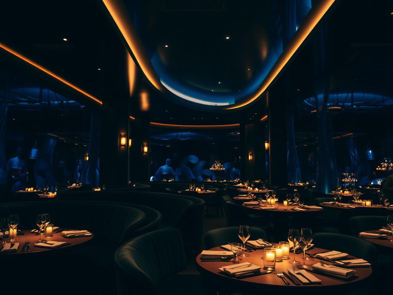 Dark 5Oceans dining room with velvet banquettes and candlelight