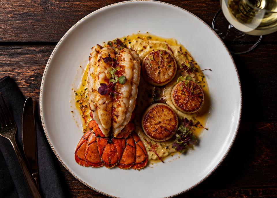 Grilled lobster tail and seared scallops plated at 5Oceans