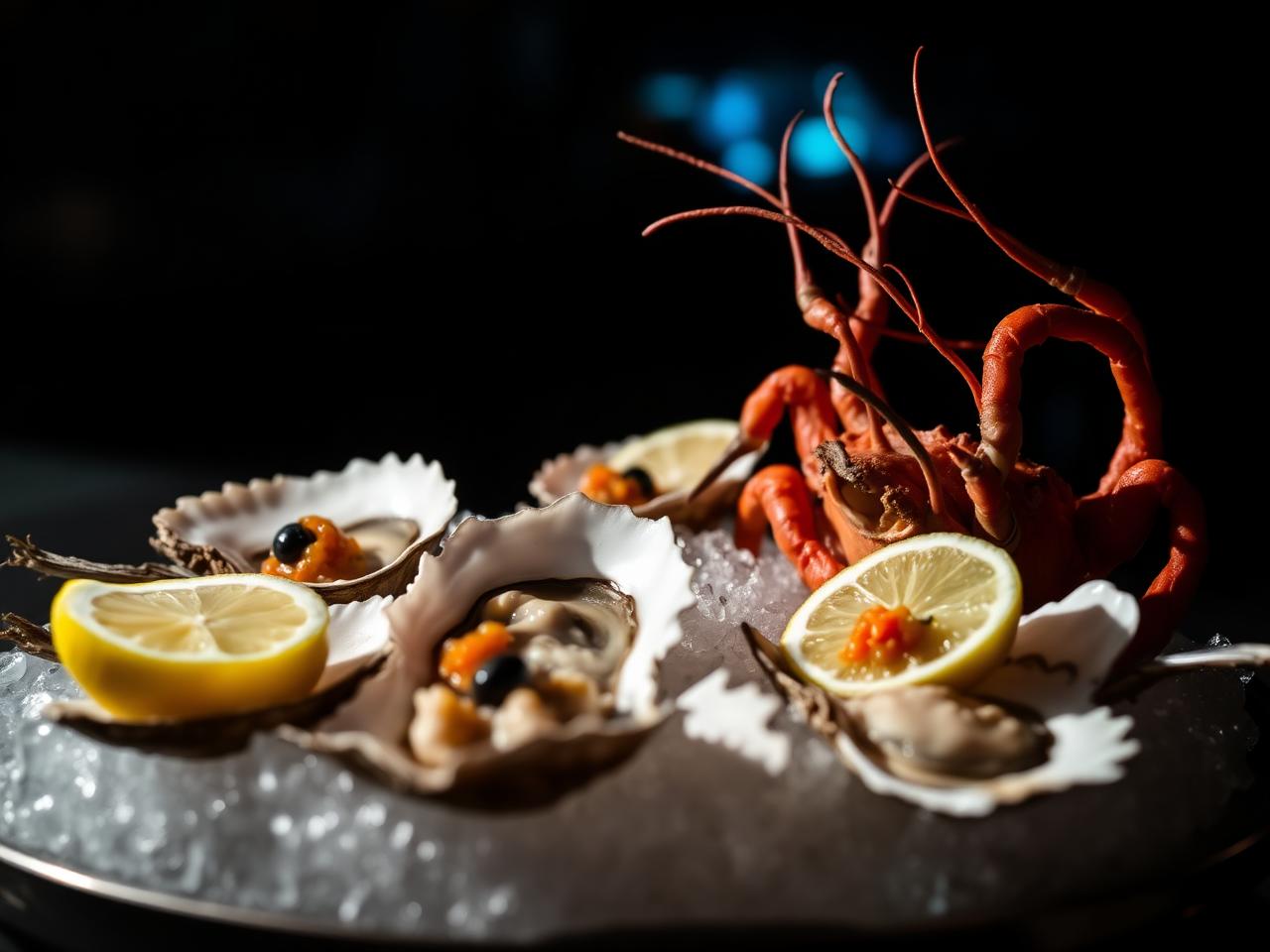 Chilled oysters, crab and caviar on ice at the 5Oceans raw bar